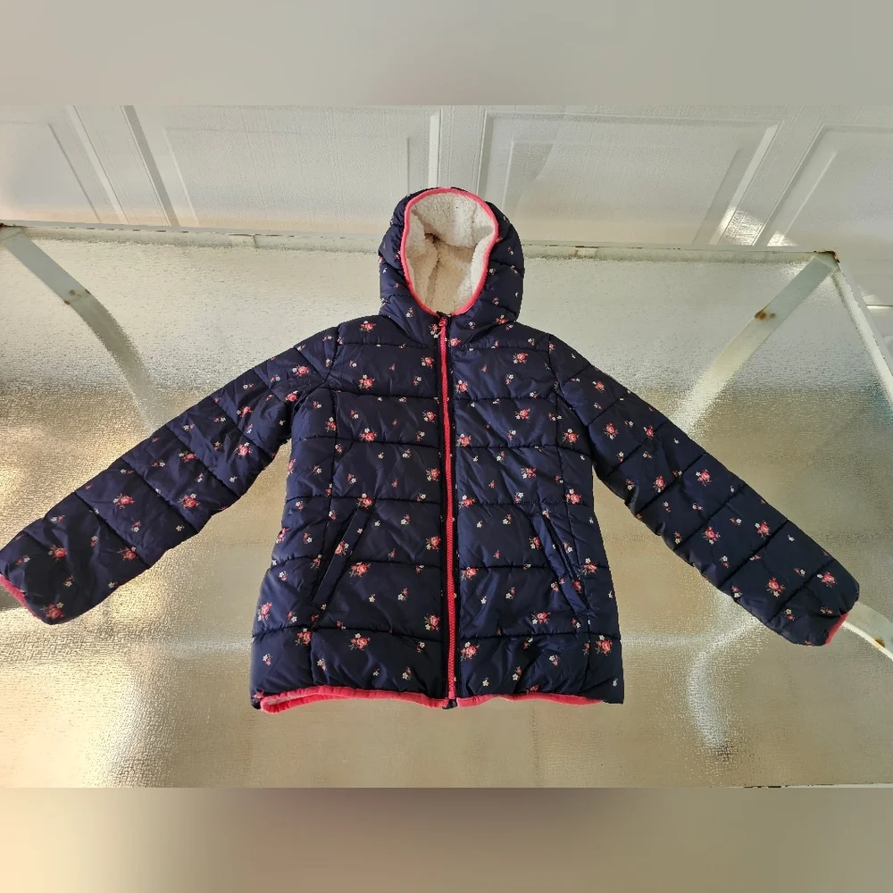 GAP Kids XL Floral Puffer Jacket Hooded Sherpa Lined Winter Coat Cottagecore - Picture 9 of 9